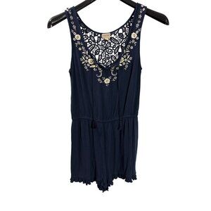 Cape Juby Navy White Floral Embroidered Crochet Lace Back Romper S Ruffle Hem